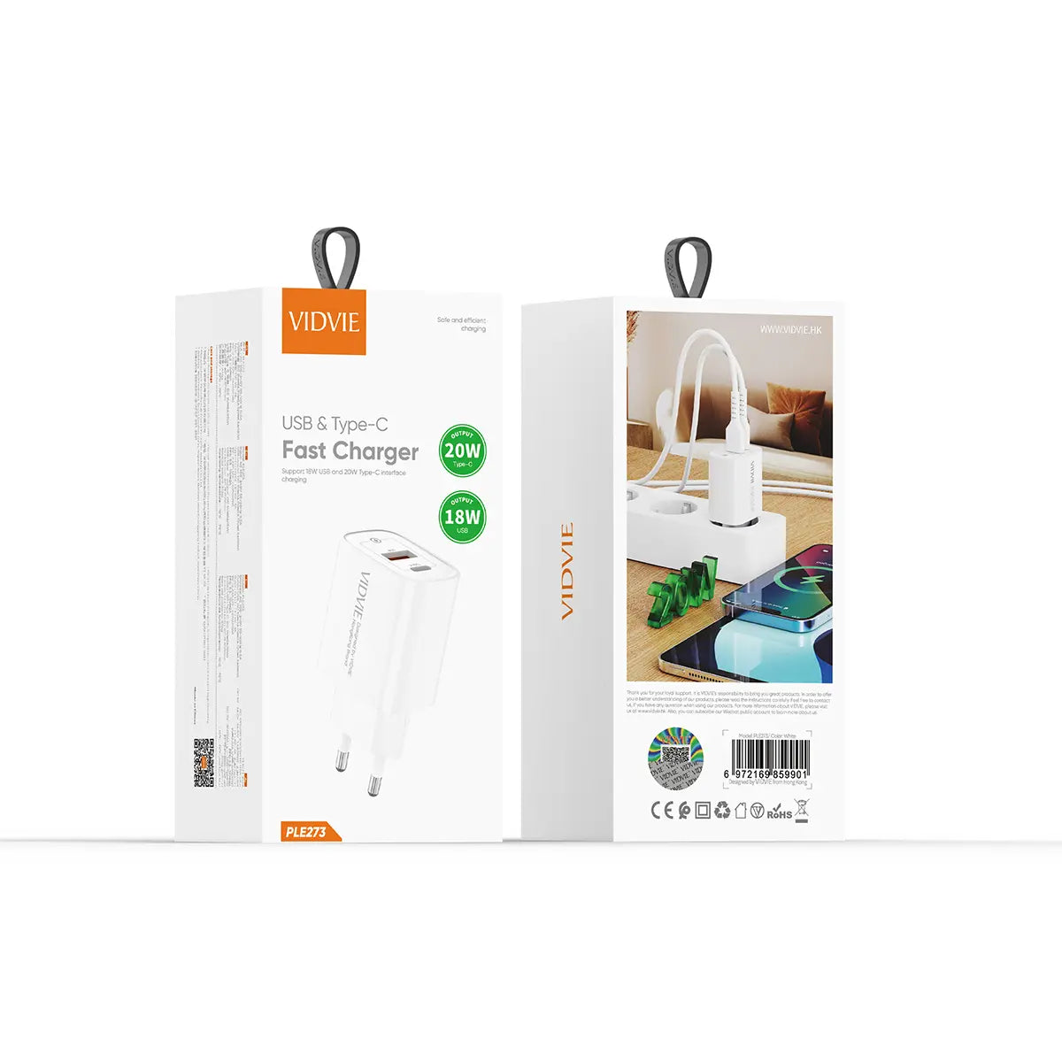 VIDVIE PLE273 snabbladdare 20W USB-A + USB-C