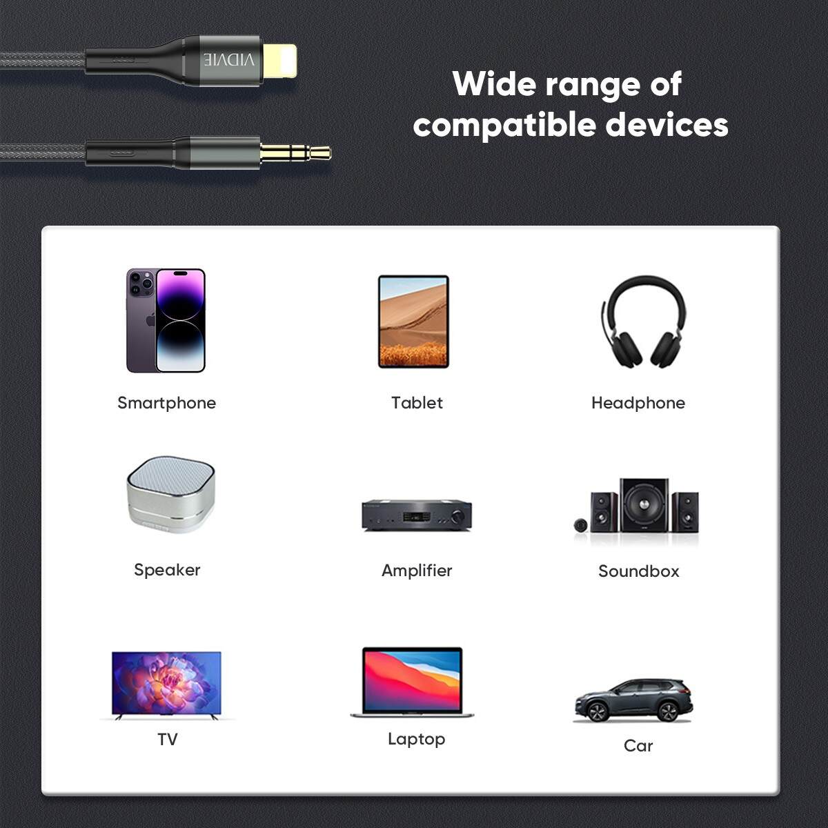 VIDVIE AL1112 Lightning till 3,5 mm AUX-kabel 1,8 m