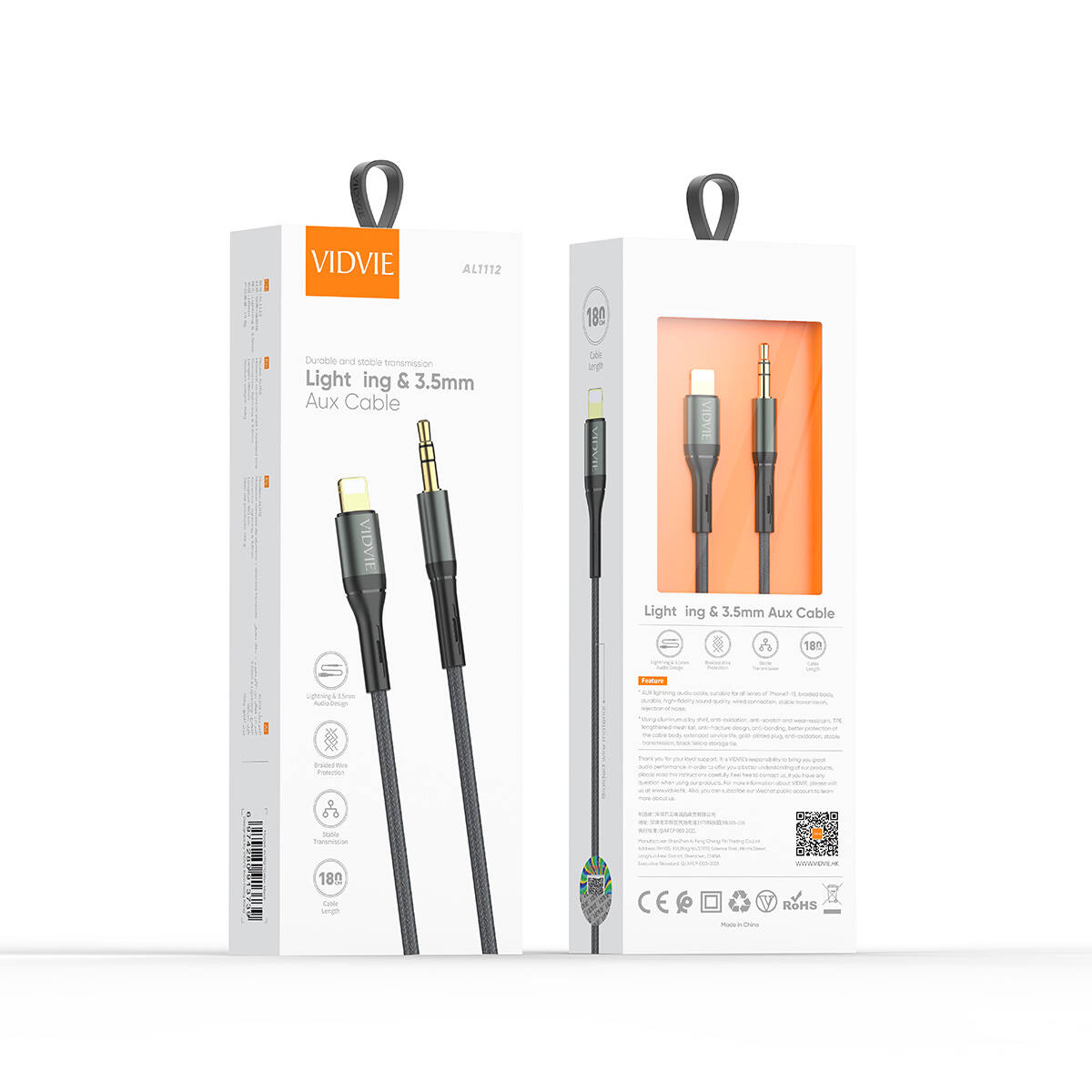 VIDVIE AL1112 Lightning till 3,5 mm AUX-kabel 1,8 m