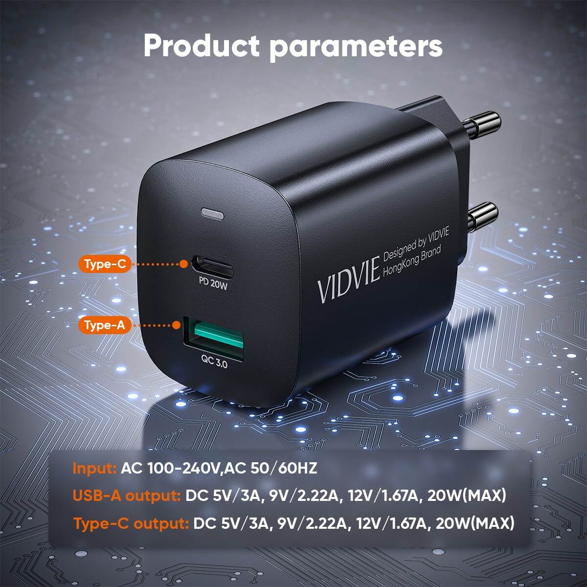 VIDVIE PLE248 PD snabbladdare 20W USB-A + USB-C