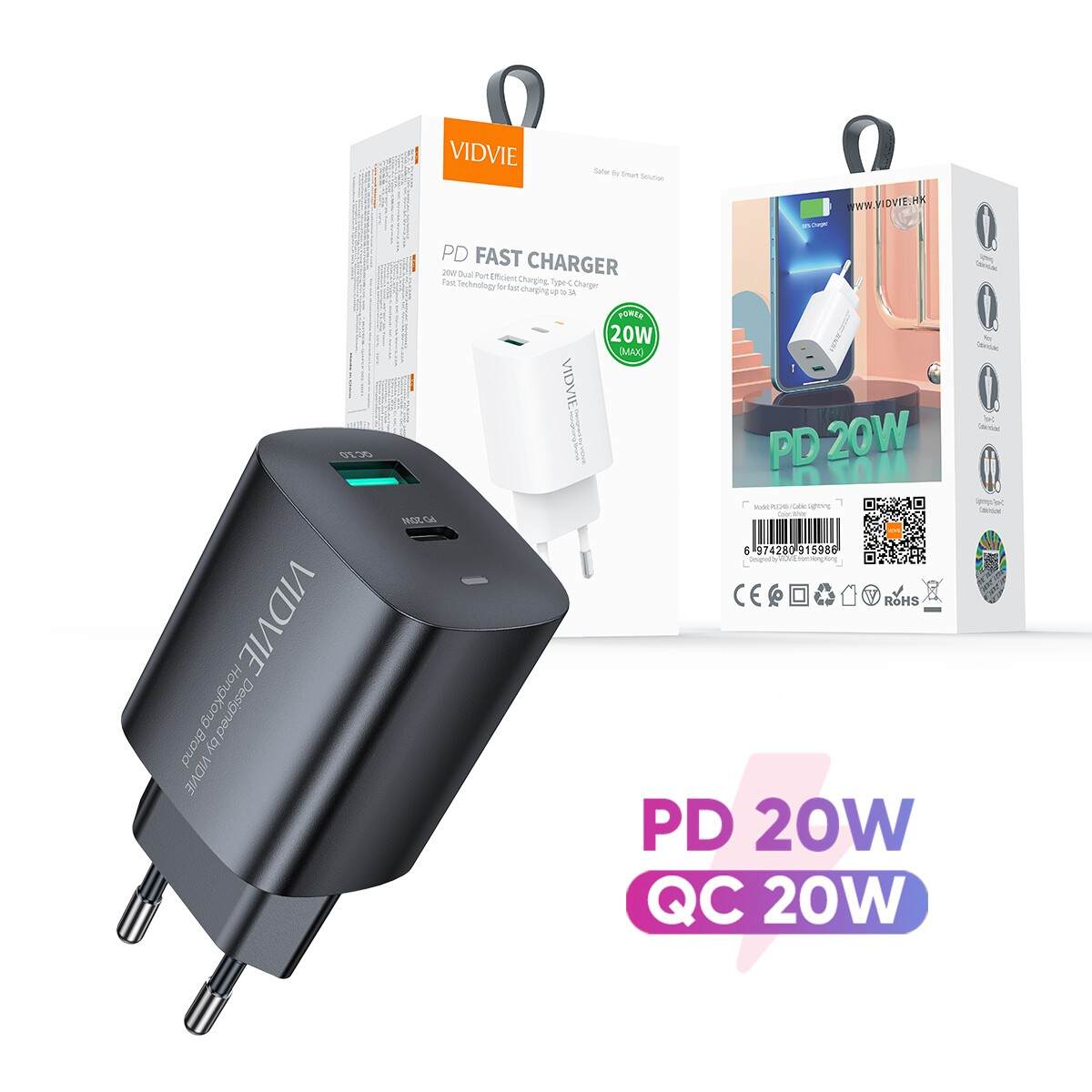 VIDVIE PLE248 PD snabbladdare 20W USB-A + USB-C