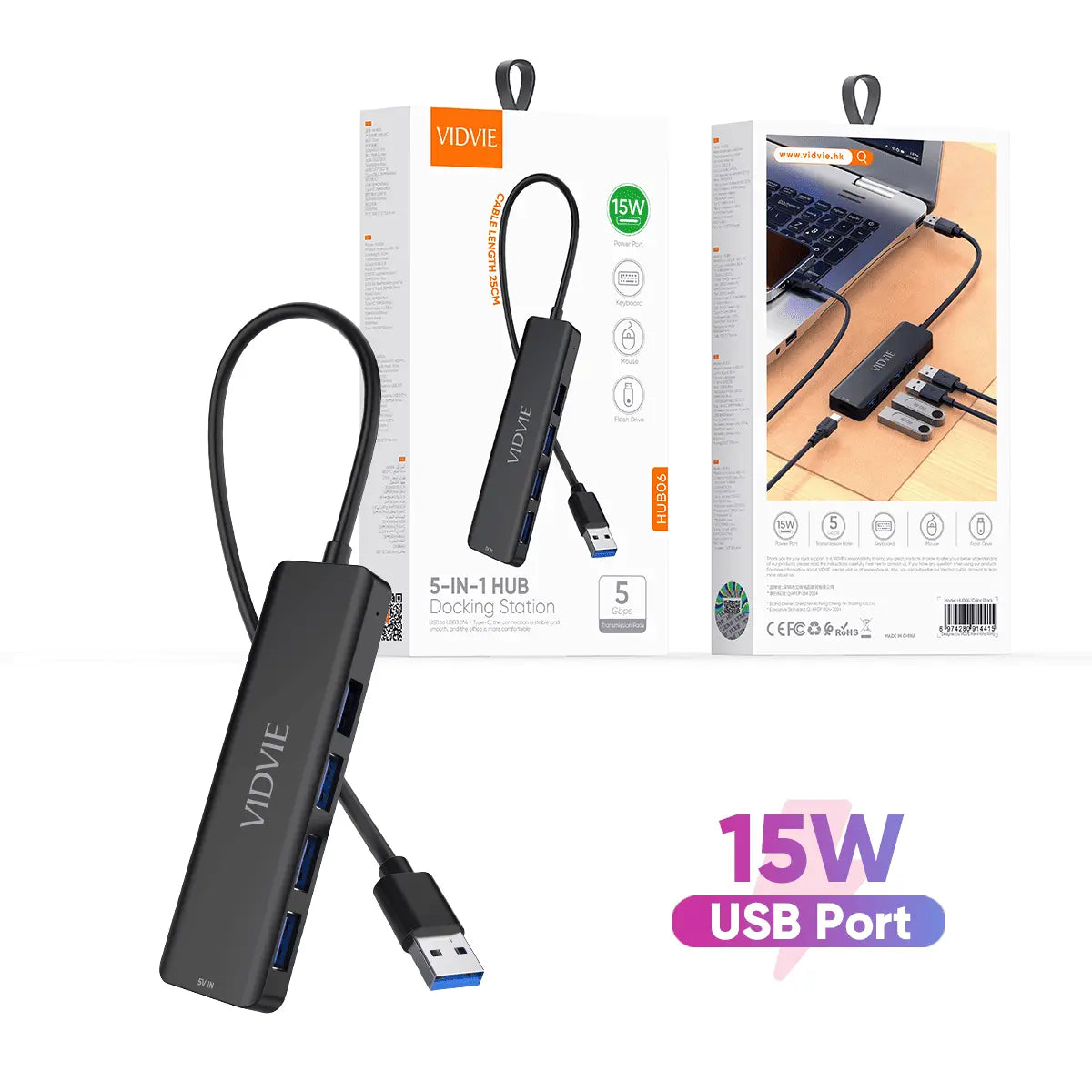 VIDVIE HUB06 5 i 1 USB A hubb