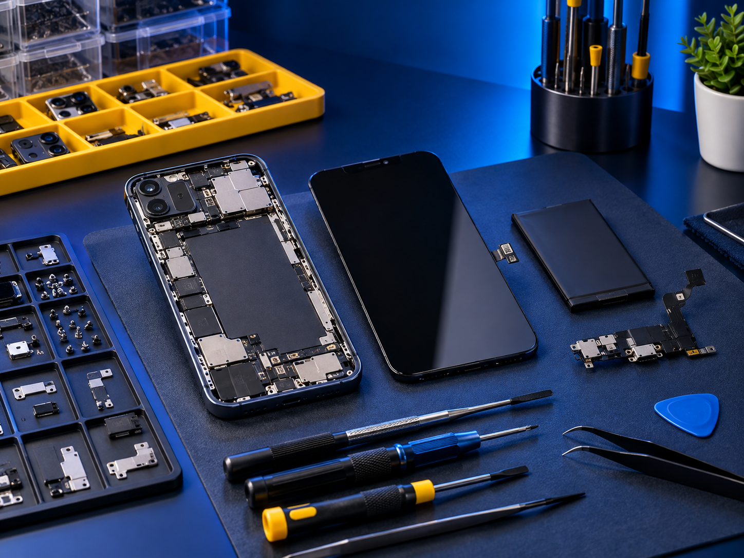 Mobiltelefon, skärm, batteri och verktyg för mobilreparation